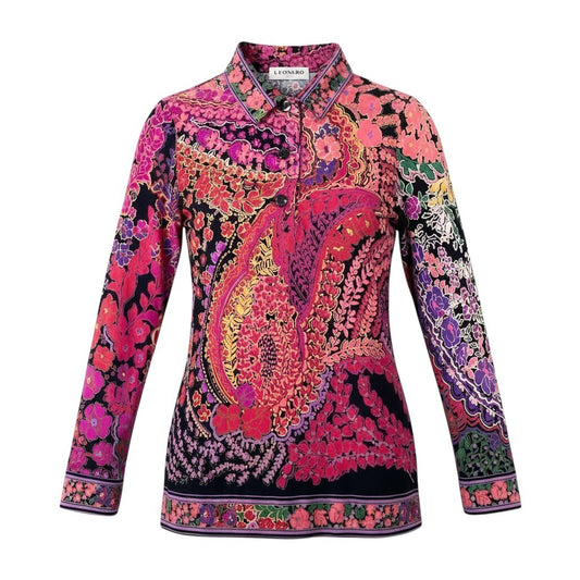 2i28 LEONARD レオナール ロングスリーブポロシャツカットソー 花柄プリント トップス 40サイズ マルチカラー レディース 女性用u02t