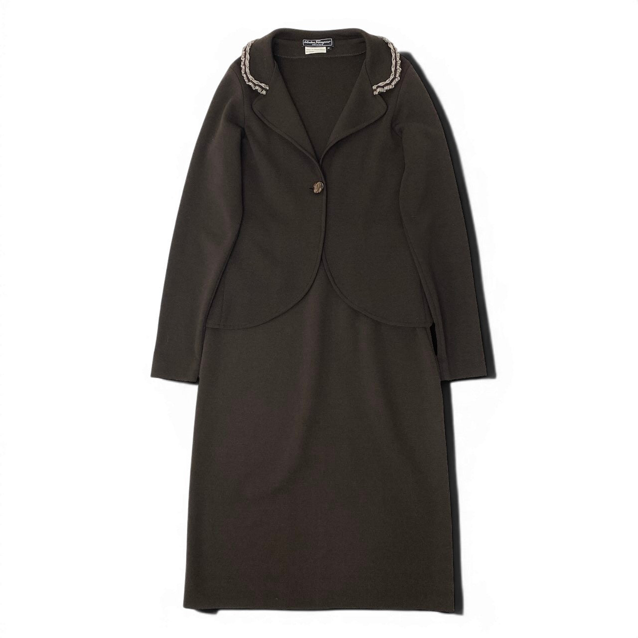 62e12 【美品】 Salvatore Ferragamo サルヴァトーレフェラガモ セットアップスカート ニットジャケット ニットスカート サイズL / M ブラウン ウール100％ レディース 女性用o07t