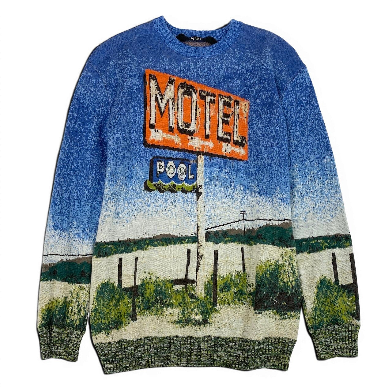 6d16 N゜21 ヌメロヴェントゥーノ プルオーバー ニットセーター MOTELプリント サイズ46 ブルー レディース 女性用u02t