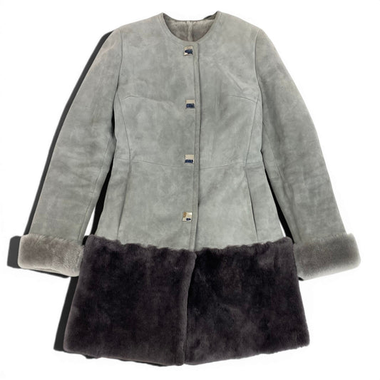 44d27 Deri Sarayi デリサライ ムートンコート ノーカラーコート ITサイズ42 グレー シアリング レディース 女性服u02t