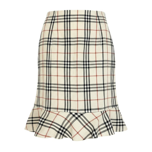 Ig19 BURBERRY LONDON BLUE LABEL バーバリーロンドン ブルーレーベル ノバチェック 裾フリル 膝丈スカート リネンブレンド サイズ38 ベージュ レディースo07t