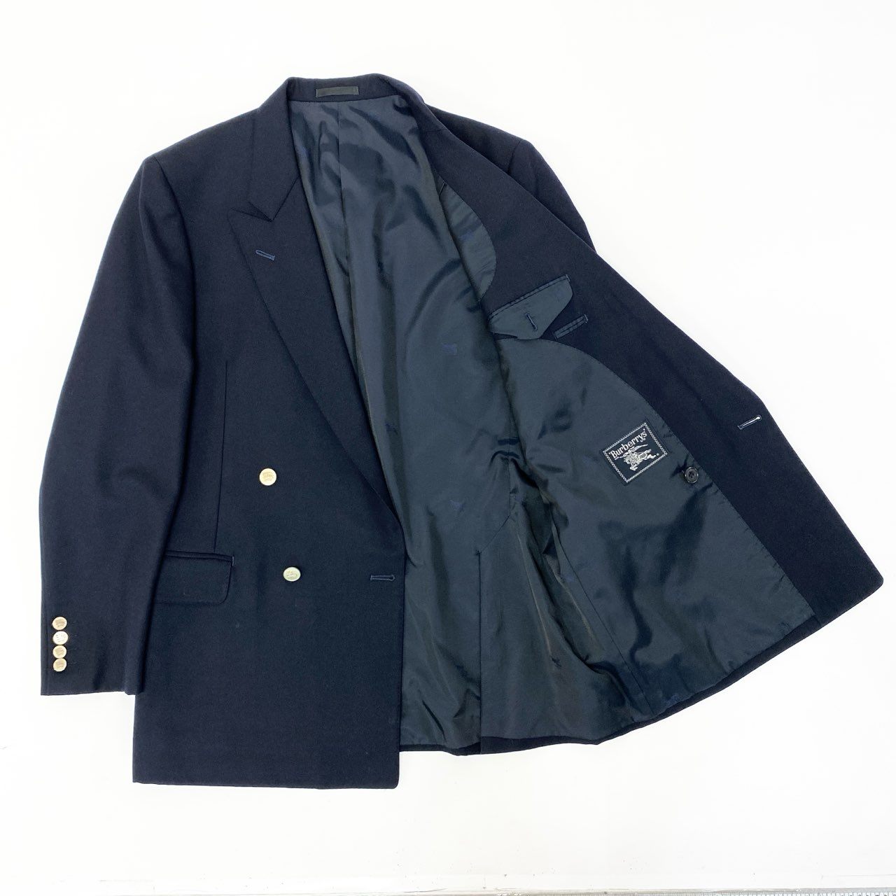 56c9 《美品》 OLD Burberrys バーバリーズ 紺ブレザー ホース金ボタン テーラージャケット ダブル 180A7 ネイビー ウール メンズu02t