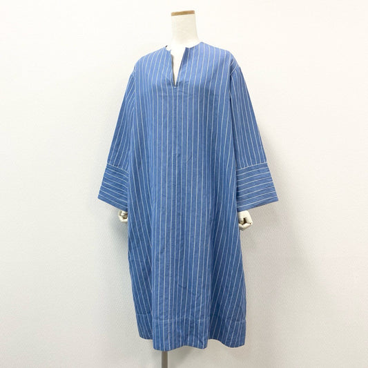 68g24 Scye サイ 完売品 COTTON LINEN DR 半袖ワンピース ロングワンピース ストライプ 1221-01050 サイズ36 ブルー ホワイト コットン リネン レディース 日本製_