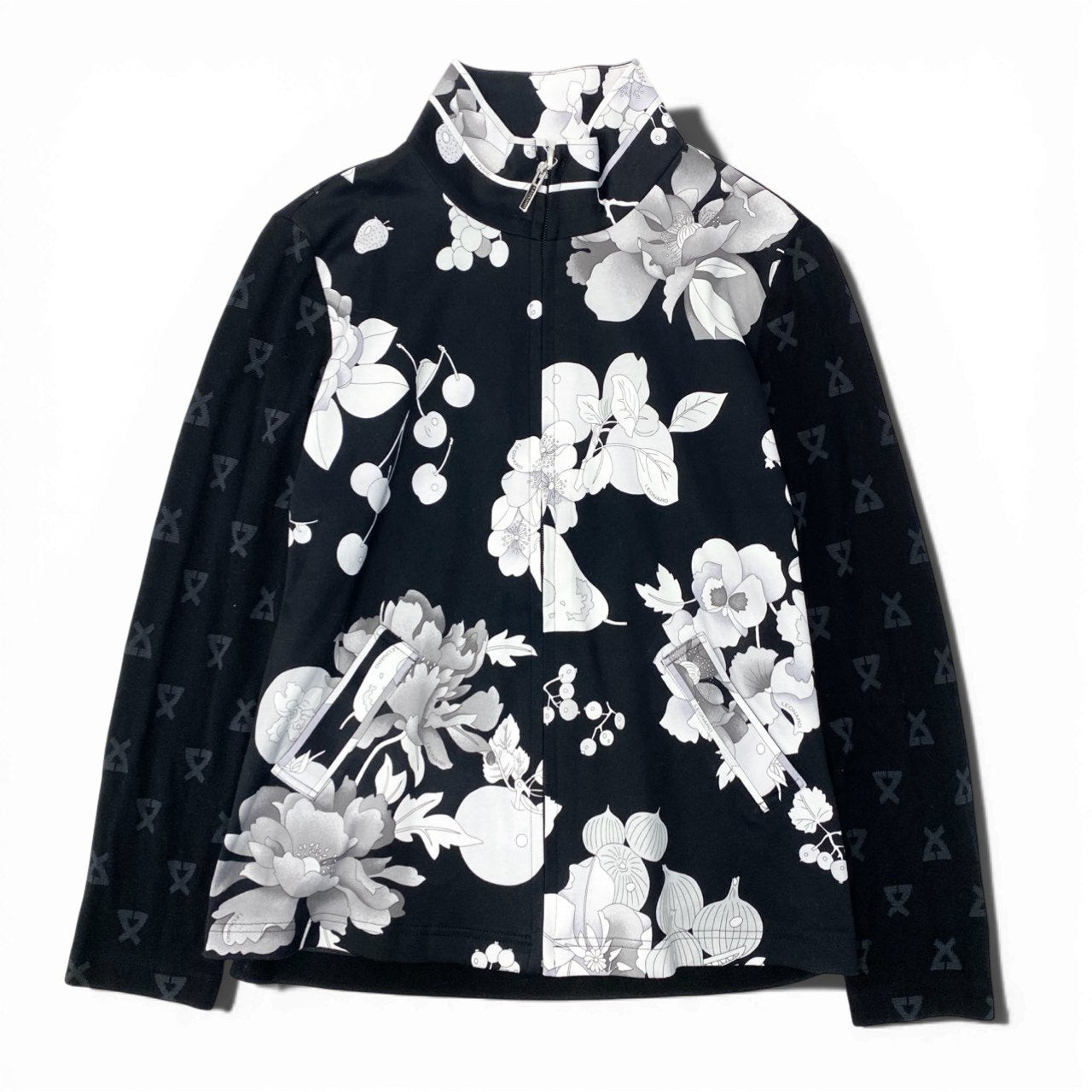 11b6【美品】LEONARD SPORT レオナール スポーツ ハイネックジップアップニットジャケット 美しい花柄プリント 素材切替 0558331 42サイズ モノトーン レディース 女性用u02t