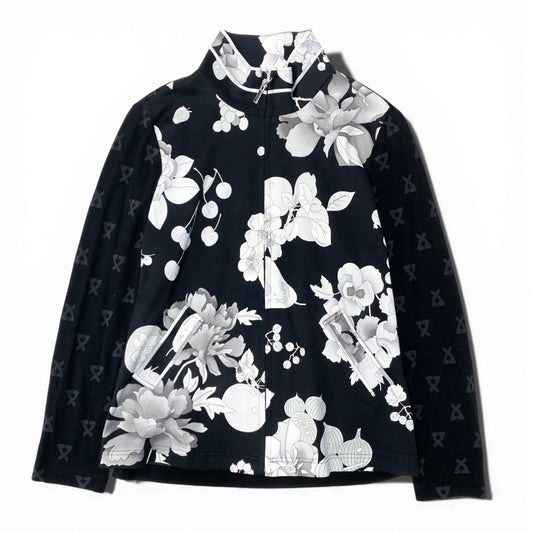 11b6【美品】LEONARD SPORT レオナール スポーツ ハイネックジップアップニットジャケット 美しい花柄プリント 素材切替 0558331 42サイズ モノトーン レディース 女性用u02t