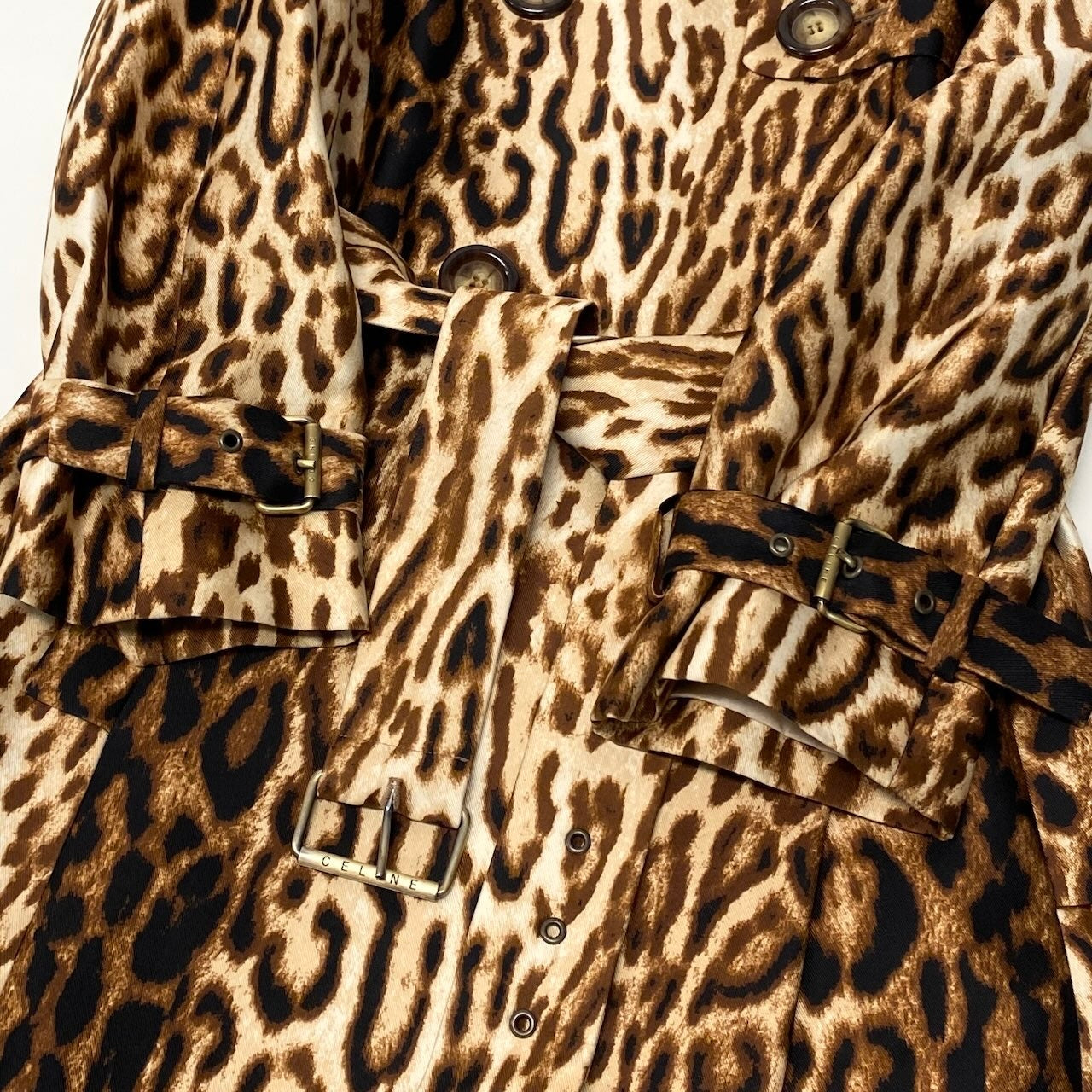 Ig6 CELINE トレンチコート レオパード柄 アウター フランス製 34サイズ ブラウン ブラック レディース 女性用u02t