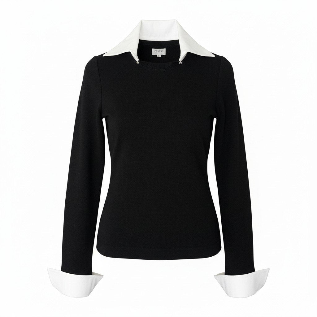 64d15 FOXEY BOUTIQUE フォクシー ブティック ロングスリーブ ニットセーター ハイゲージニット 白襟 カフス付 取り外し可 サイズ38 ブラック ウール100％ レディース 女性用u02t