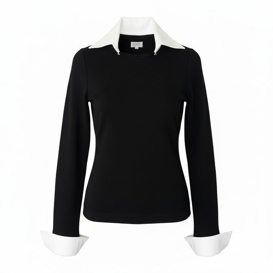 64d15 FOXEY BOUTIQUE フォクシー ブティック ロングスリーブ ニットセーター ハイゲージニット 白襟 カフス付 取り外し可 サイズ38 ブラック ウール100％ レディース 女性用u02t