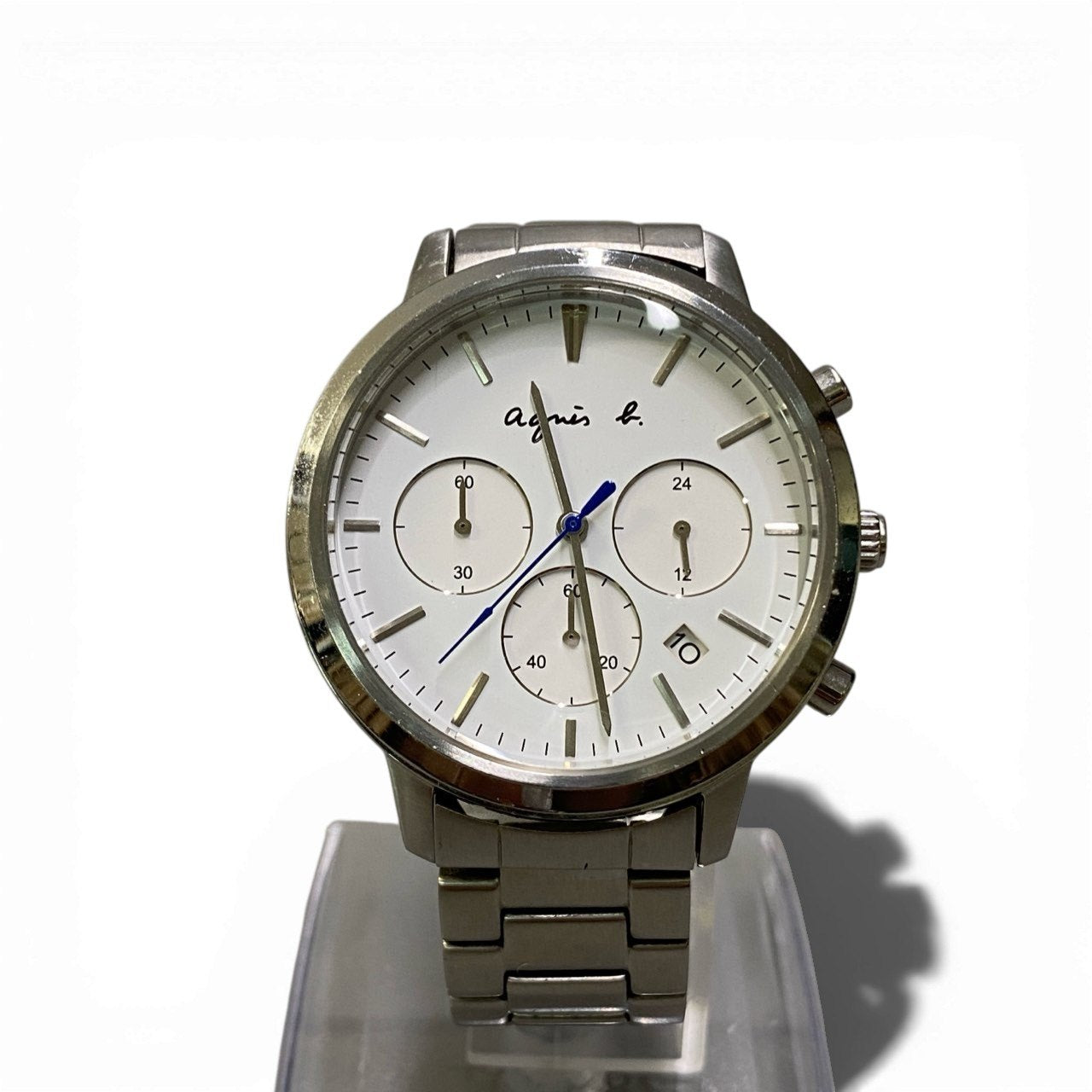 b12 【美品】 agnes b アニエスベー クロノグラフ デイト クォーツ 腕時計 QZ VD53-KWB0 シルバー ホワイト ステンレスk02i