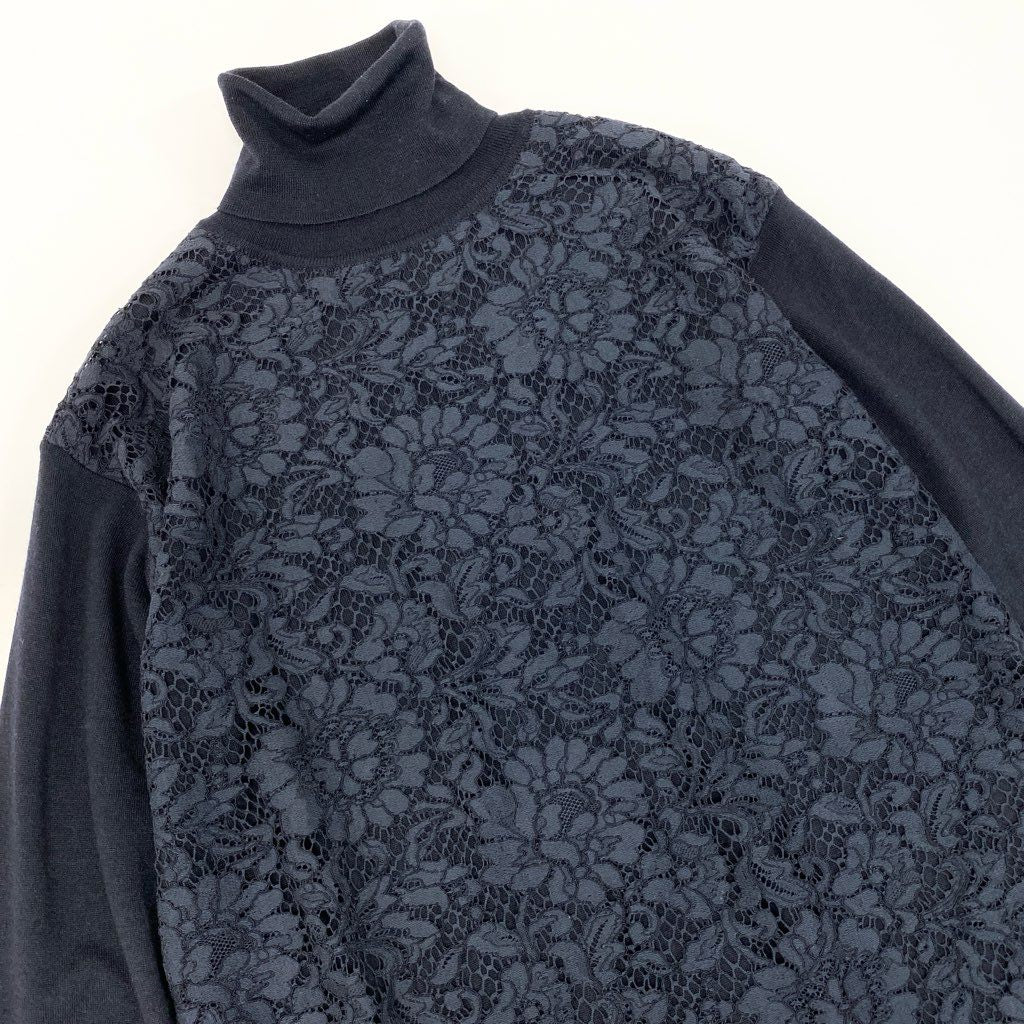 4a9 VALENTINO ヴァレンティノ レースニットワンピース ハイネック ロングスリーブ イタリア製 FBC9A525-VM1394B Lサイズ ネイビー レディースu02t