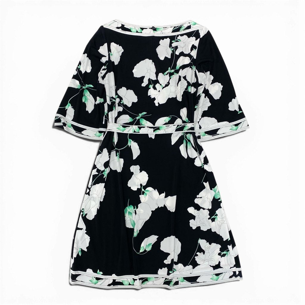 40l25 LEONARD レオナール カンカン素材ロングワンピース 7分袖 美しい花柄プリント 40 ブラック ホワイト レディースu02t