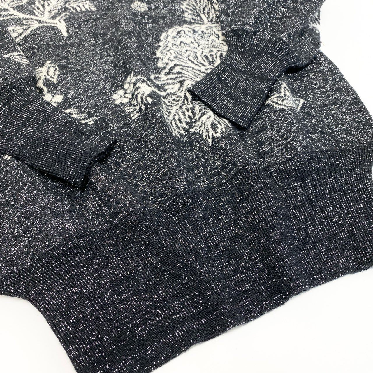 11k21 LEONARD FASHION レオナール ロングスリーブ ニットセーター ラメニット 花柄 クルーネック ウールブレンド  レディース 女性用 Ｍ ブラックu02t