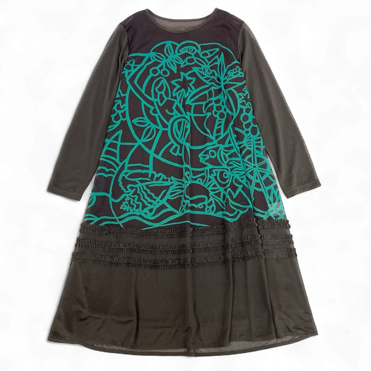 64k19 TOKUKO 1er VOL トクコプルミエヴォル ロング シアーワンピース 長袖ワンピース 総柄プリント ペチコート付 レディース 女性用 9 ブラウンu02t