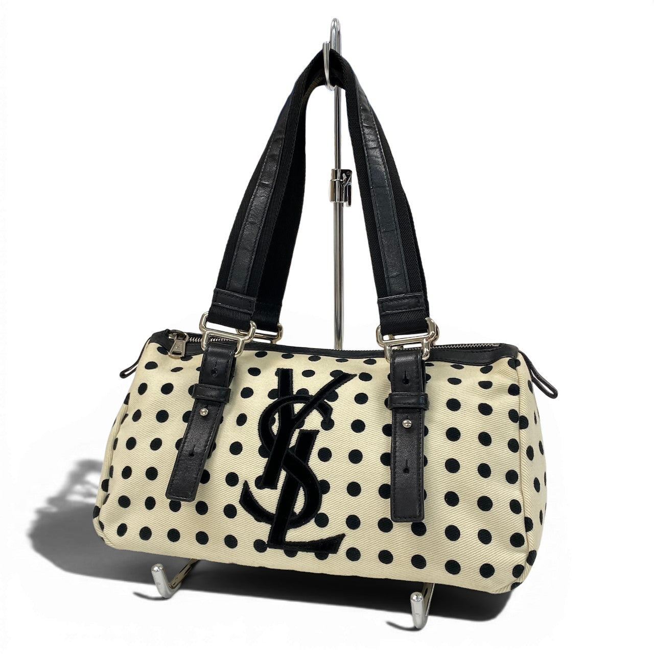 e4 《美品》 Yves Saint Laurent イヴサンローラン ポルカドット ミニボストンバッグ Vintage Polka Dot Mini Boston ホワイト ブラックt18r