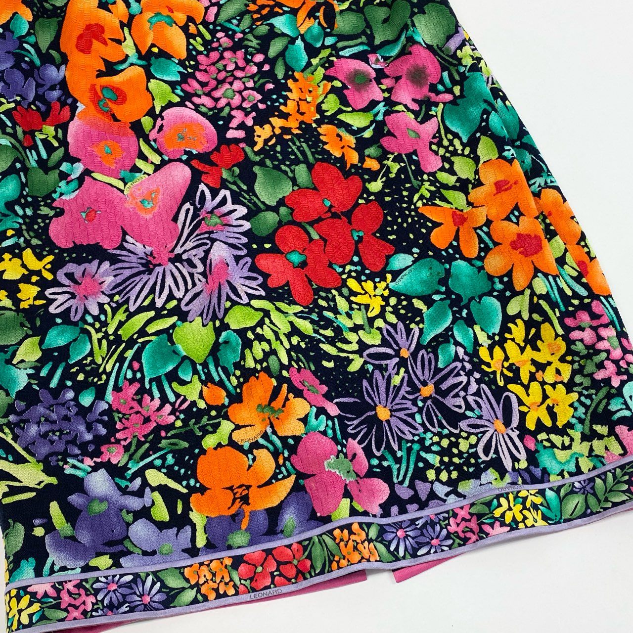 59b22 LEONARD FASHION レオナール ノースリーブワンピース 膝丈ワンピース 美しい花柄プリント レディース 女性服 サイズ11AR ネイビーu02t