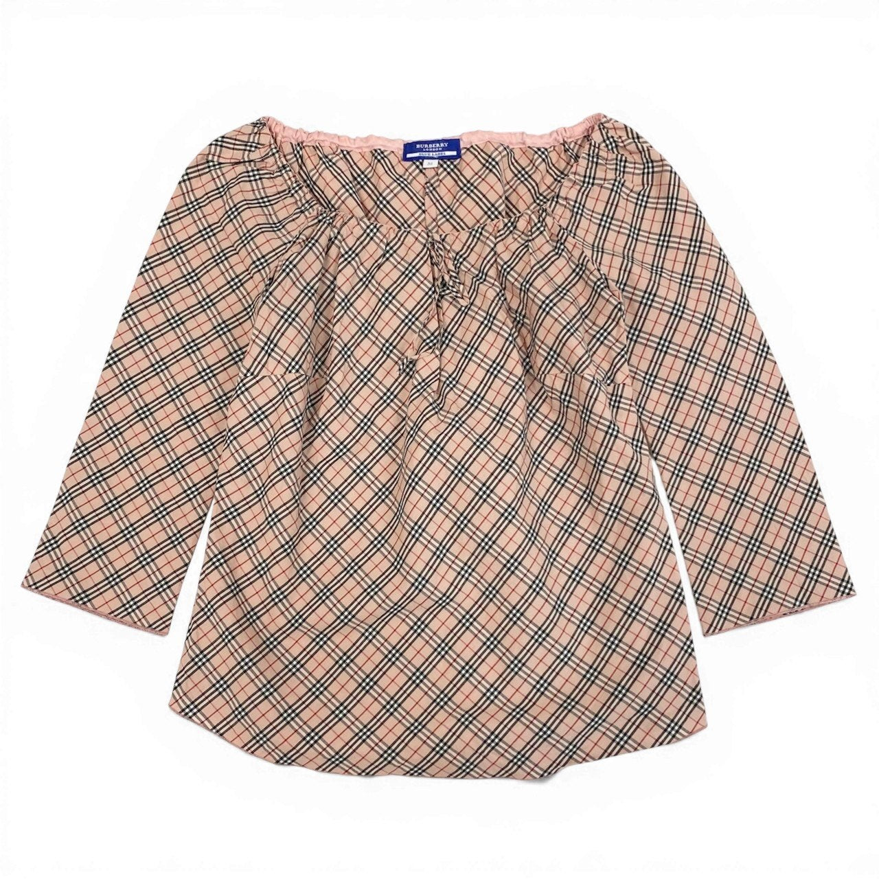 Ic27 BURBERRY LONDON バーバリーロンドン ノバチェック ギャザースクエアネックブラウス ブラウスカットソー トップス 38サイズ ベージュ コットン100％ レディース 女性用u02t