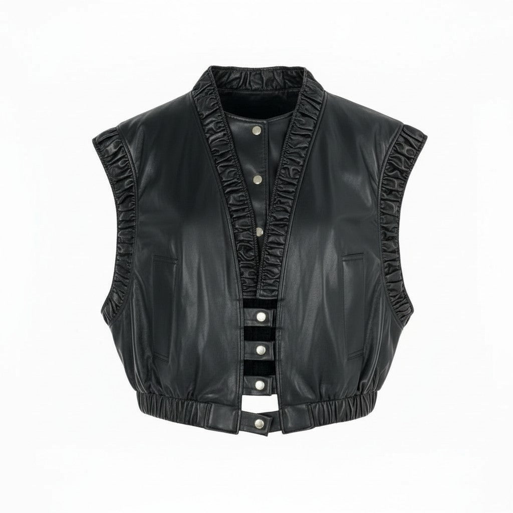 8L5【美品】FUMIE TANAKA フミエタナカ ギャザーベスト フェイクレザーベスト 裏起毛 日本製 F23A-16 2サイズ ブラック レディースu02t