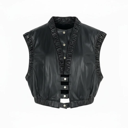 8L5【美品】FUMIE TANAKA フミエタナカ ギャザーベスト フェイクレザーベスト 裏起毛 日本製 F23A-16 2サイズ ブラック レディースu02t