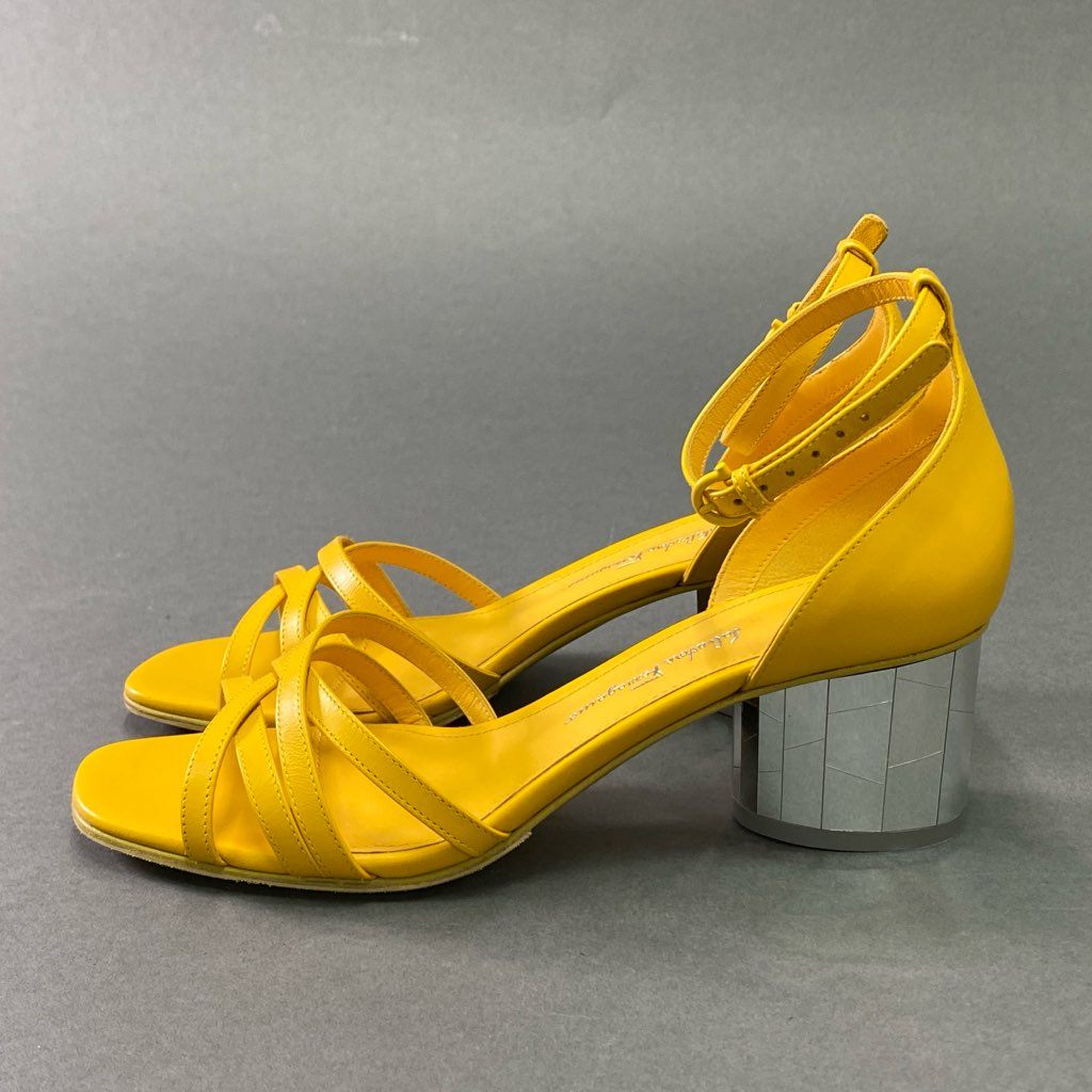 1e10 《美品》 Salvatore Ferragamo サルヴァトーレ フェラガモ ミラーヒール アンクルストラップ サンダル 6 1/2 イエロー レザー シューズ 箱付き 夏