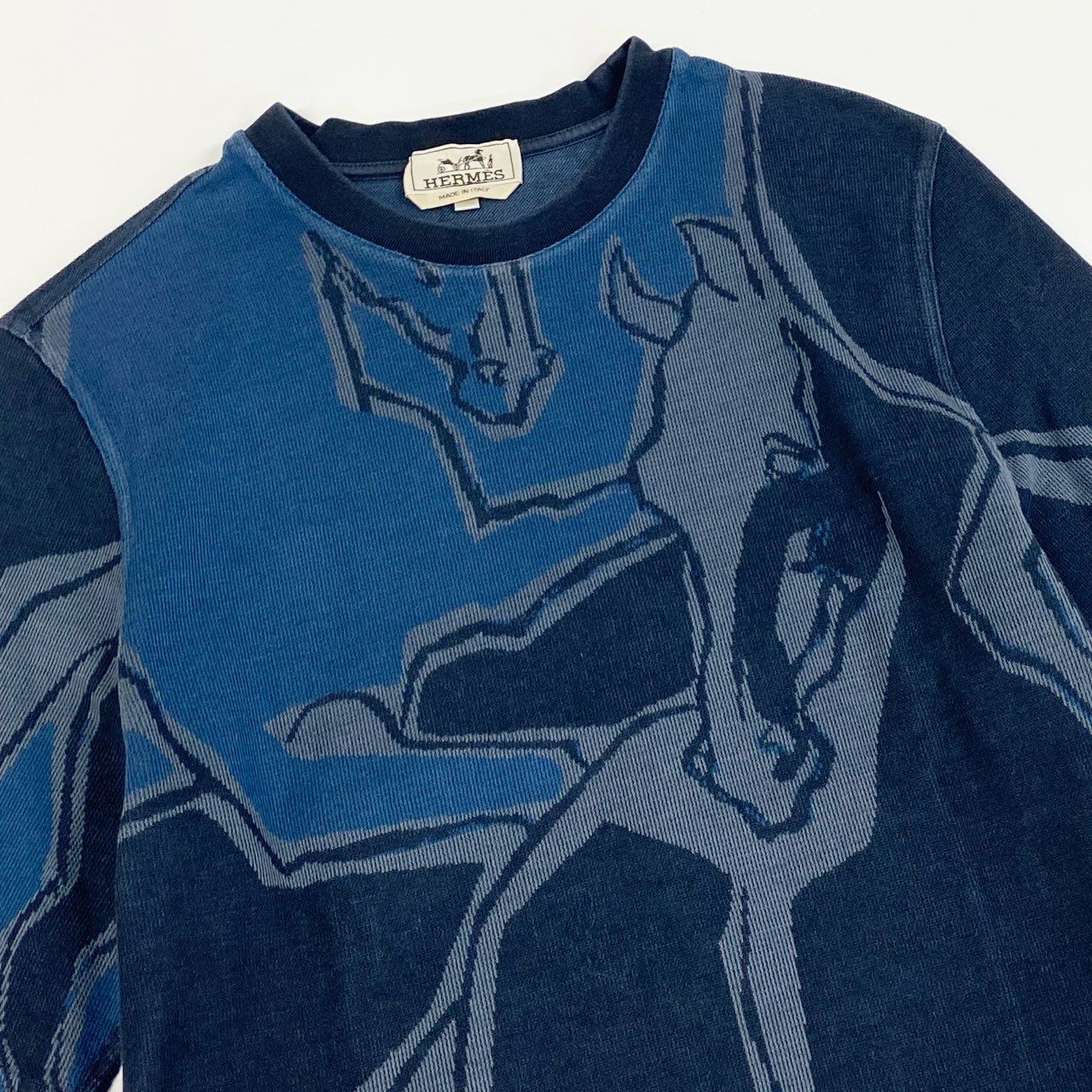 Ia14 HERMES エルメス 半袖Tシャツ クルーネック カットソー 鹿の子 Dance of Horses 馬柄 イタリア製  メンズ 紳士服 サイズM ネイビー コットン100％o07t