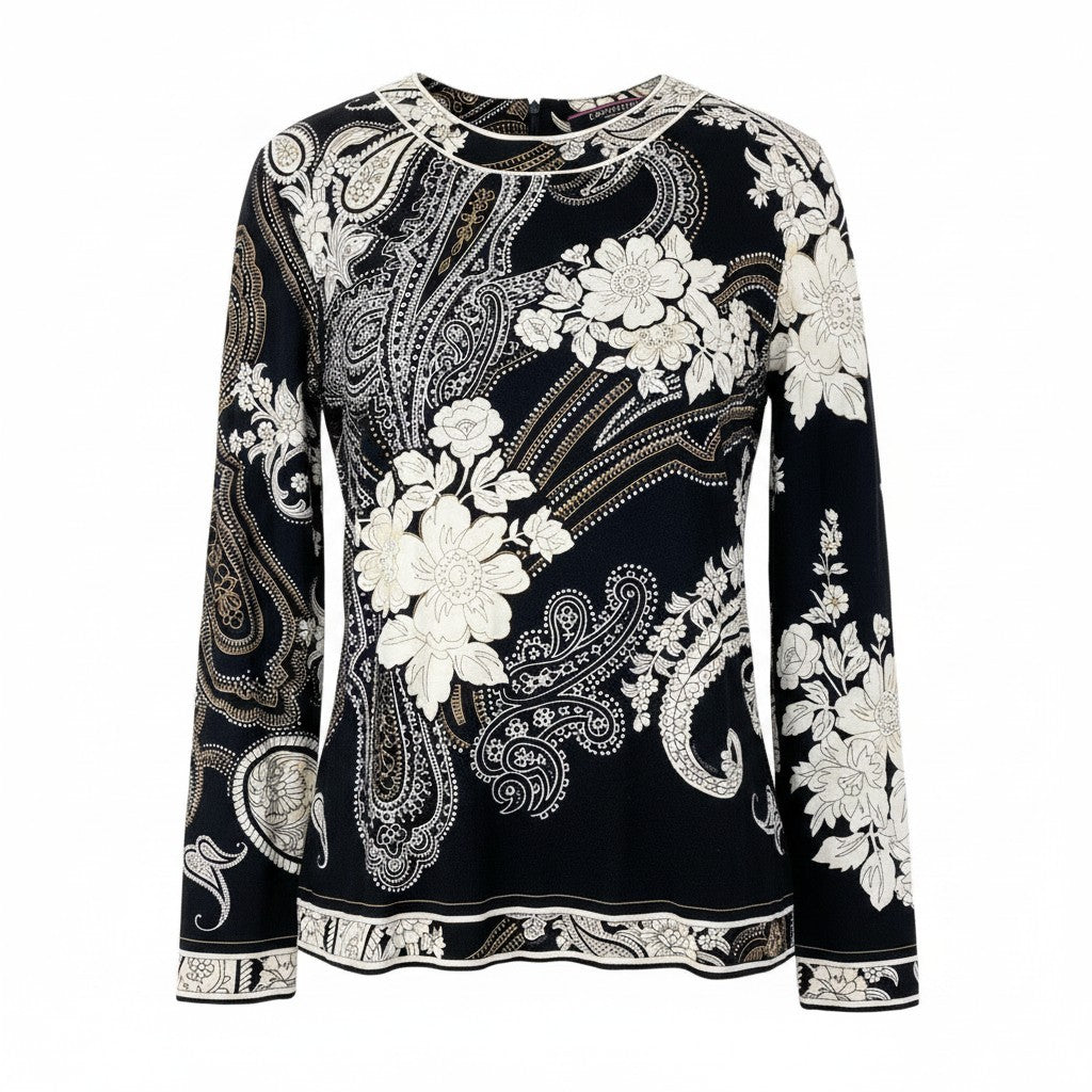 54g11 LEONARD FASHION レオナール ロングスリーブ カットソー 美しい花柄プリント ペイズリー柄 サイズM ブラック ウール シルク レディースu02t
