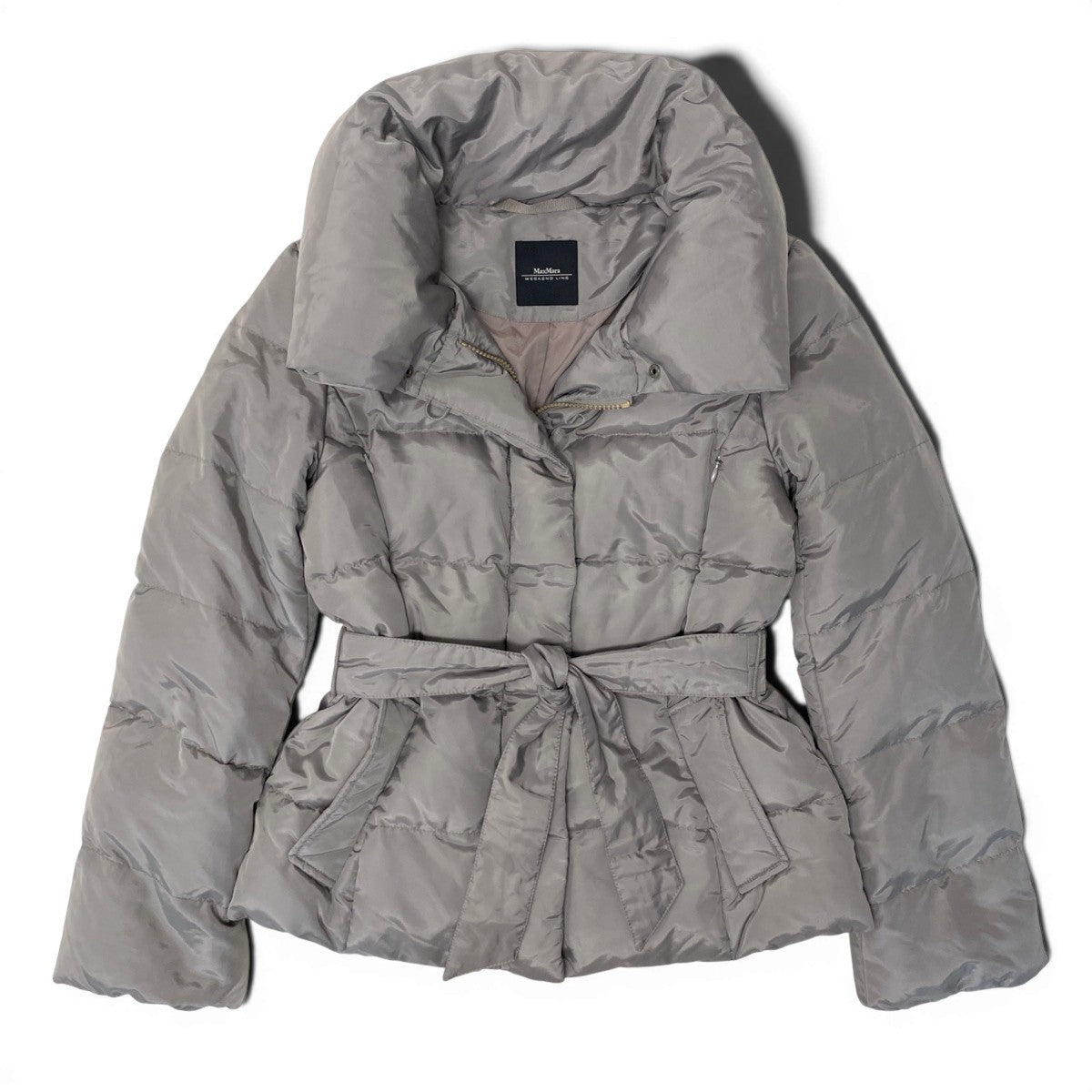 21g16 MaxMara WEEKEND LINE マックスマーラ ダウンジャケット ハーフコート ボリュームネック ベルト付 サイズ38 グレー系 レディース 女性用u02t