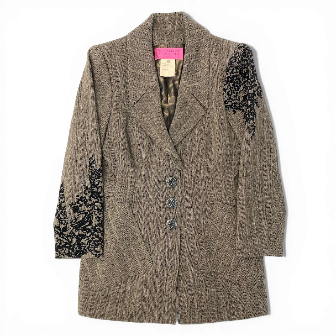 85d9 CHRISTIAN LACROIX クリスチャンラクロワ テーラードジャケット ロングジャケット ストライプ 裏地総柄 フランス製 サイズ42 ブラウン ウール100％ レディース 女性用o07t