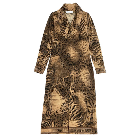 69L17 【美品】LEONARD レオナール 長袖ワンピース ロングワンピース ロングスリーブ レオパード 総柄 ドレス Mサイズ程度 ブラウン系 レディースu02t