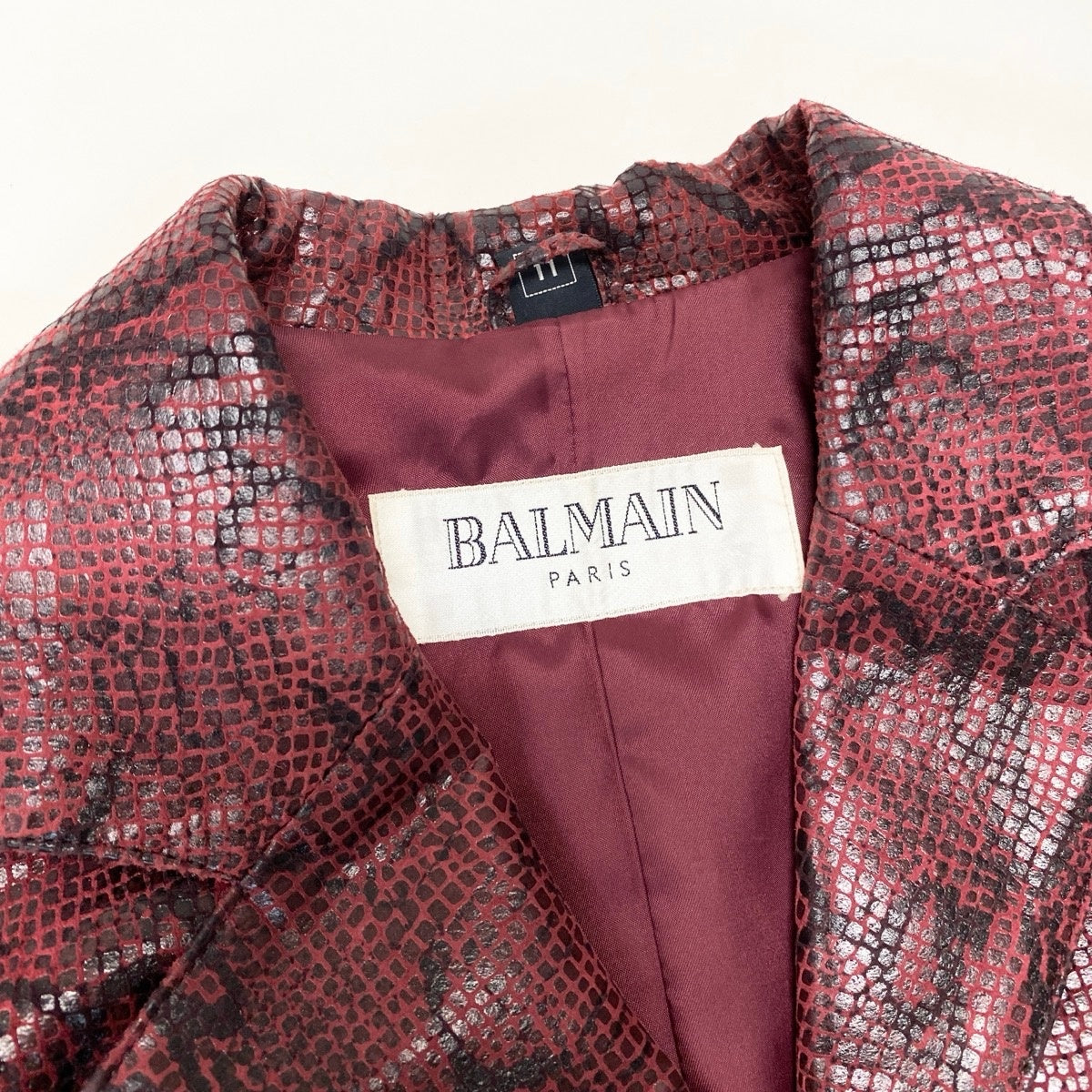 Ee25 BALMAIN バルマン パイソン柄 ロングジャケット レザー サイズ11 レッド ブラック レディースo07t
