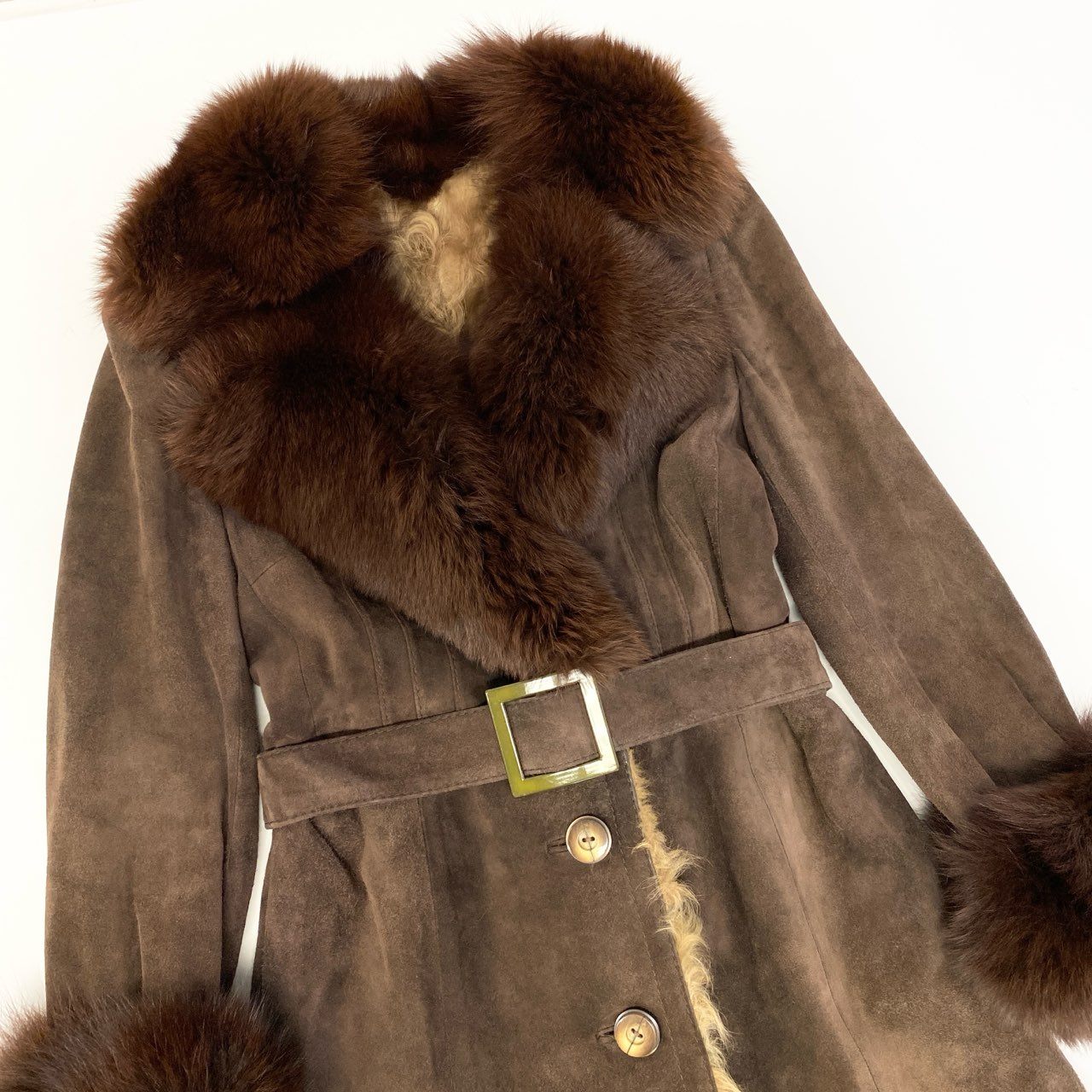 84a14 フォックスファー スエードレザー ベルテッドコート ロングコート ラムファー インナー ブラウン フォックス ラムファー 毛皮コートt18r
