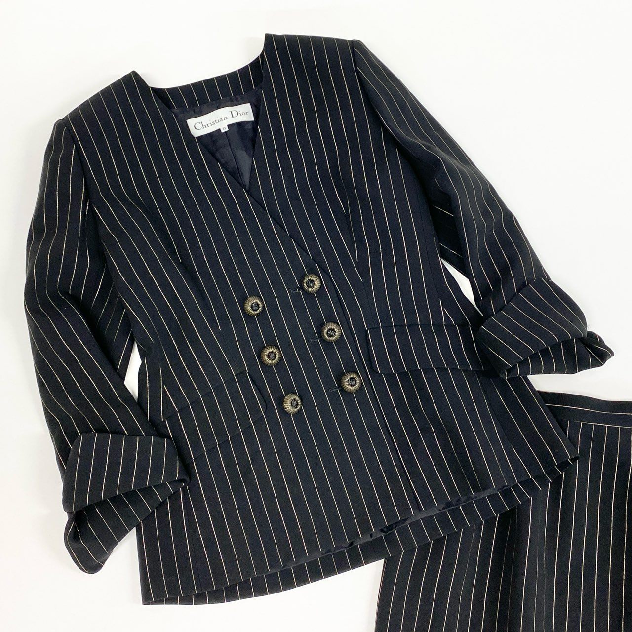 59L15 Vintage Christian Dior クリスチャンディオール ヴィンテージ オールド ダブルブレスト スカートスーツ セットアップ 装飾ボタン ジャケット 11 スカート 9 レディースu02t