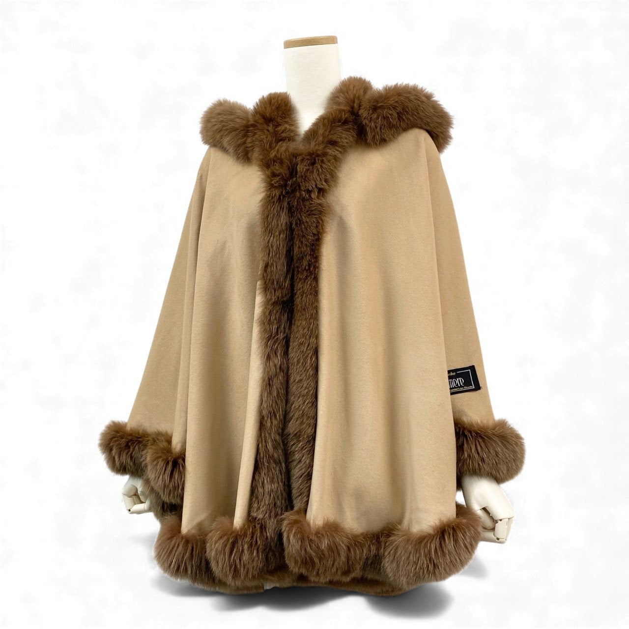 12L15 PIERRE BALMAIN ピエールバルマン カネボウ 総カシミア ポンチョ ケープコート アウター フォックスファー キャメルブラウン カシミア レディース 女性用k02i