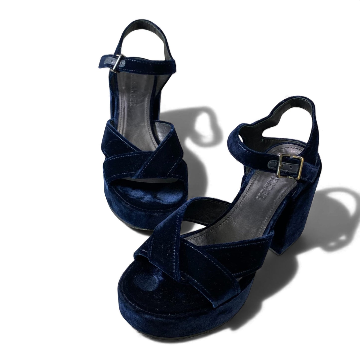 1L11 JIL SANDER ジルサンダー ベロア ベルベットサンダル チャンキーヒール サイズ37 ネイビー ストラップ レディース 女性用 靴k02i