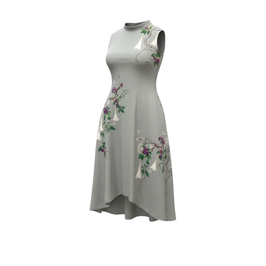 5c3 【美品】 SHISENDO TOMO COLLECTION 詩仙堂 ノースリーブワンピース 花柄プリント ハイネック ちりめん レディース 女性服 ライトグレー ポリエステル100％u02t