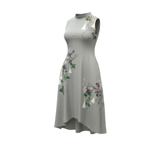 5c3 【美品】 SHISENDO TOMO COLLECTION 詩仙堂 ノースリーブワンピース 花柄プリント ハイネック ちりめん レディース 女性服 ライトグレー ポリエステル100％u02t