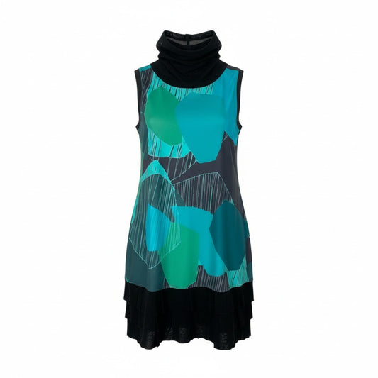 20L2《美品》 TOKUKO 1er VOL トクコプルミエヴォル ノースリーブワンピース シアー タートルネック 裾フリル 総柄プリント レディース 9  ブラック グリーン ポリエステル100％u02t