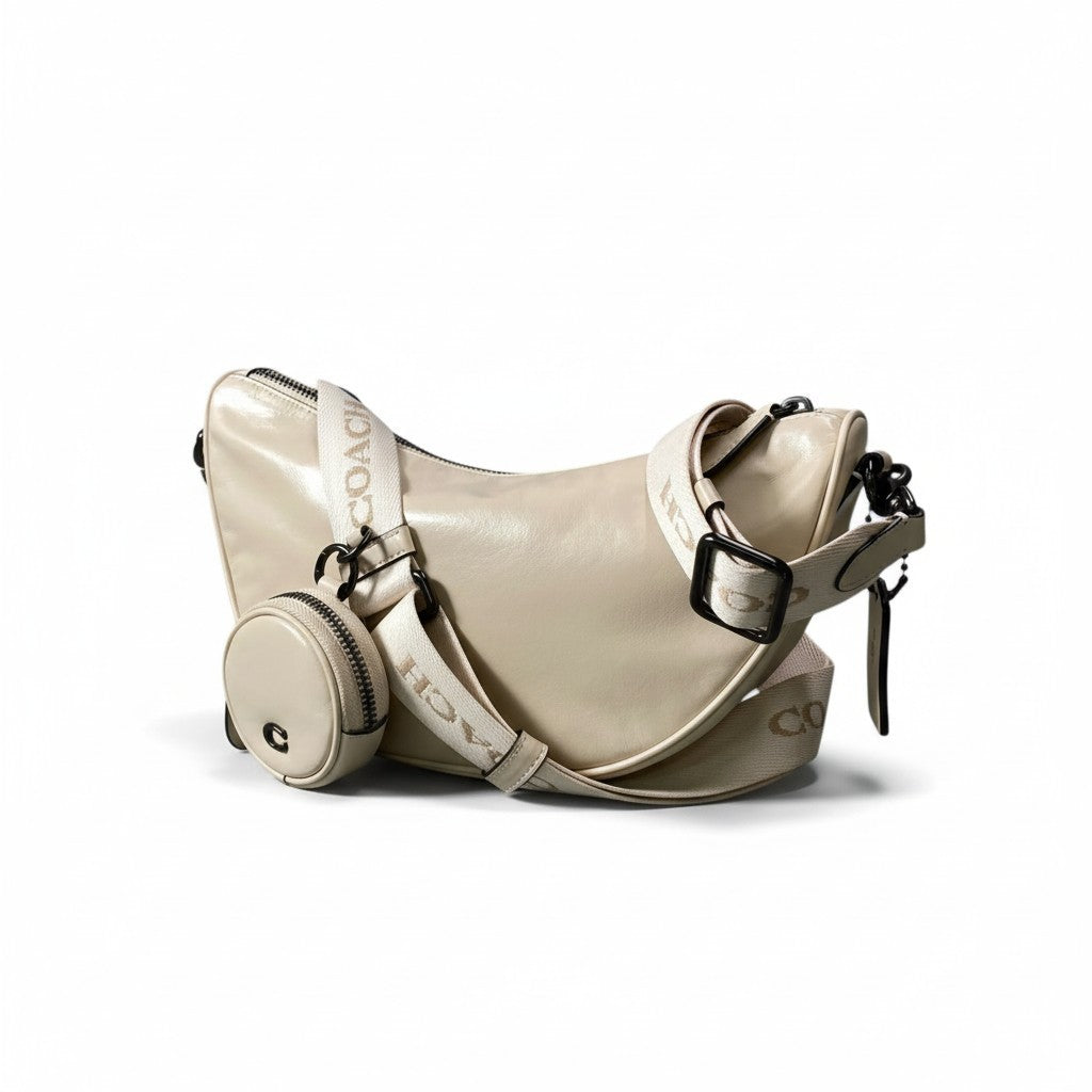 d13 《美品》 COACH コーチ ポーチ付 ホール ソフト スリングバッグ CY754 ベージュ レザー カバン Hole Sling Bagt18r