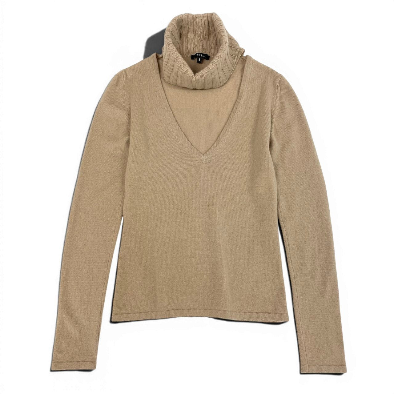48d16 GUCCI グッチ カシミヤニットセーター タートルネック Vネックニット サイズＳ ベージュ カシミア100％ レディース 女性用u02t