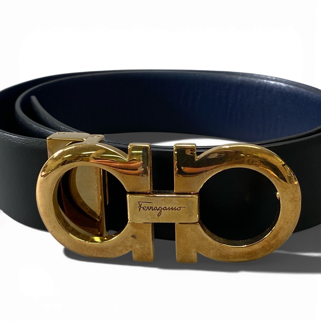 a6【美品】Salvatore Ferragamo サルヴァトーレフェラガモ ガンチーニバックル ベルト リバーシブルベルト イタリア製 ブラック ネイビー レザー 本革 レディースk02i