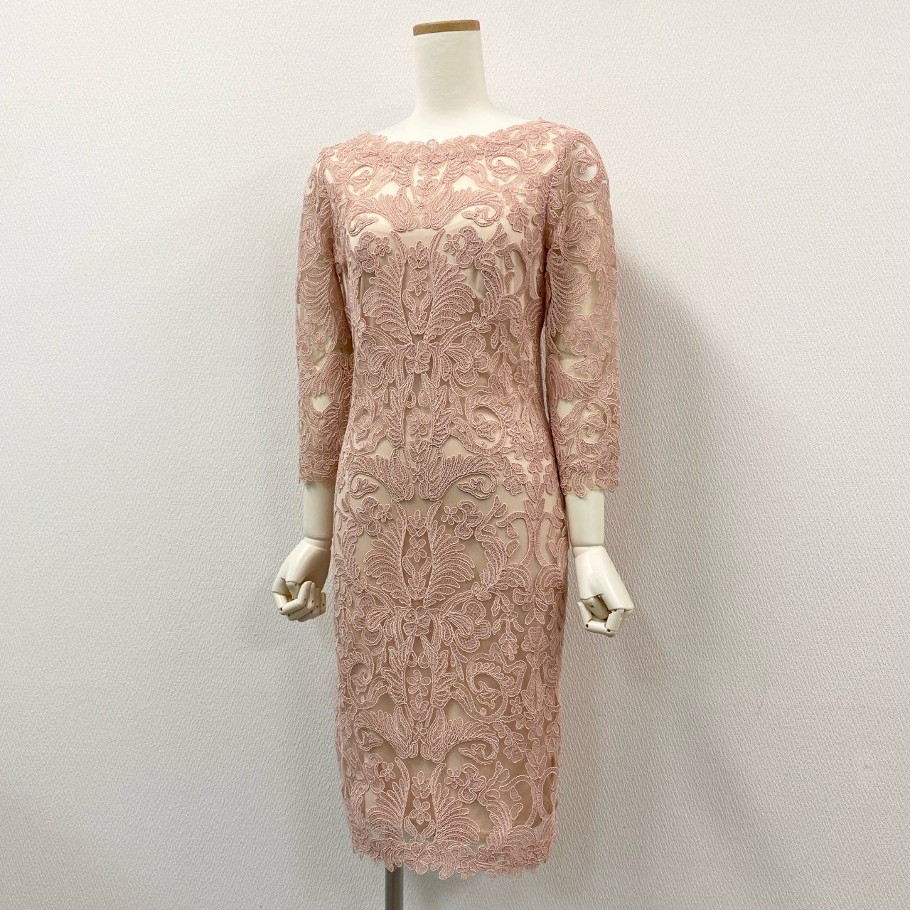 12i26 《美品》 TADASHI SHOJI タダシショージ 定番 コードレース 七分袖ワンピース ドレスワンピース ひざ丈 ALX1812MXJ サイズ2 ピンク レディース 定価118,000円u02t