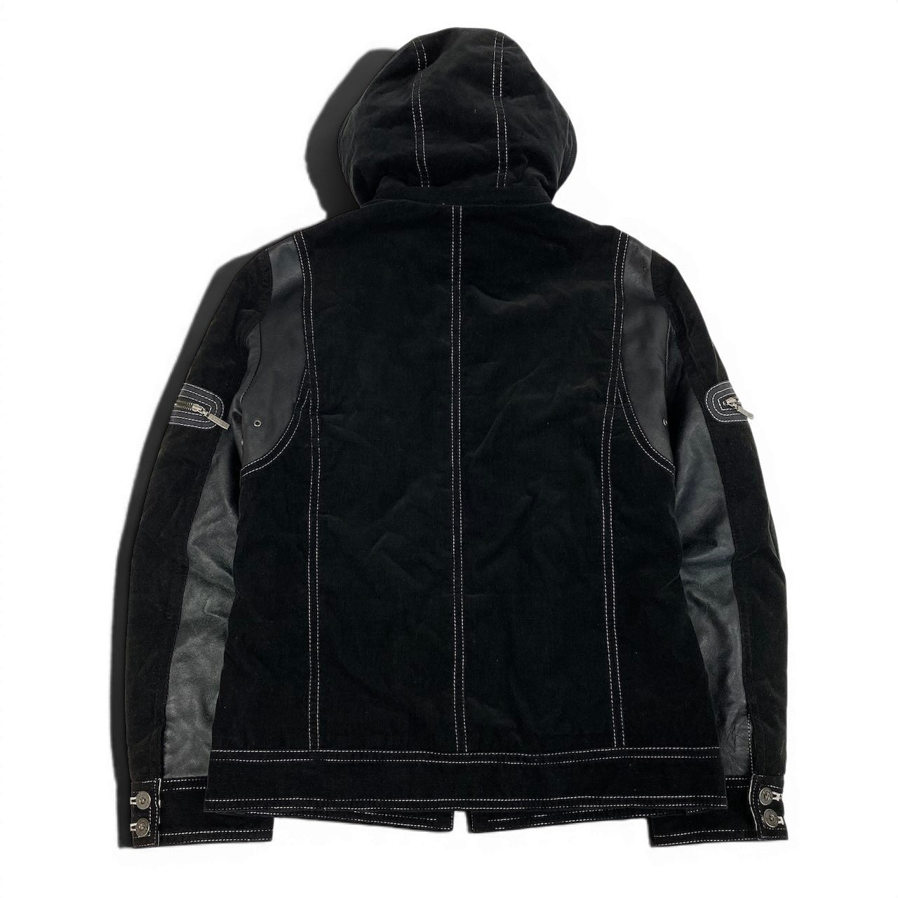 4d16 BURBERRY BLACK LABEL バーバリー ブラックレーベル 中綿 レザージャケット フーデッドジャケット 2way コーデュロイ切替 ラビットファー サイズM ブラック メンズ 紳士服u02t