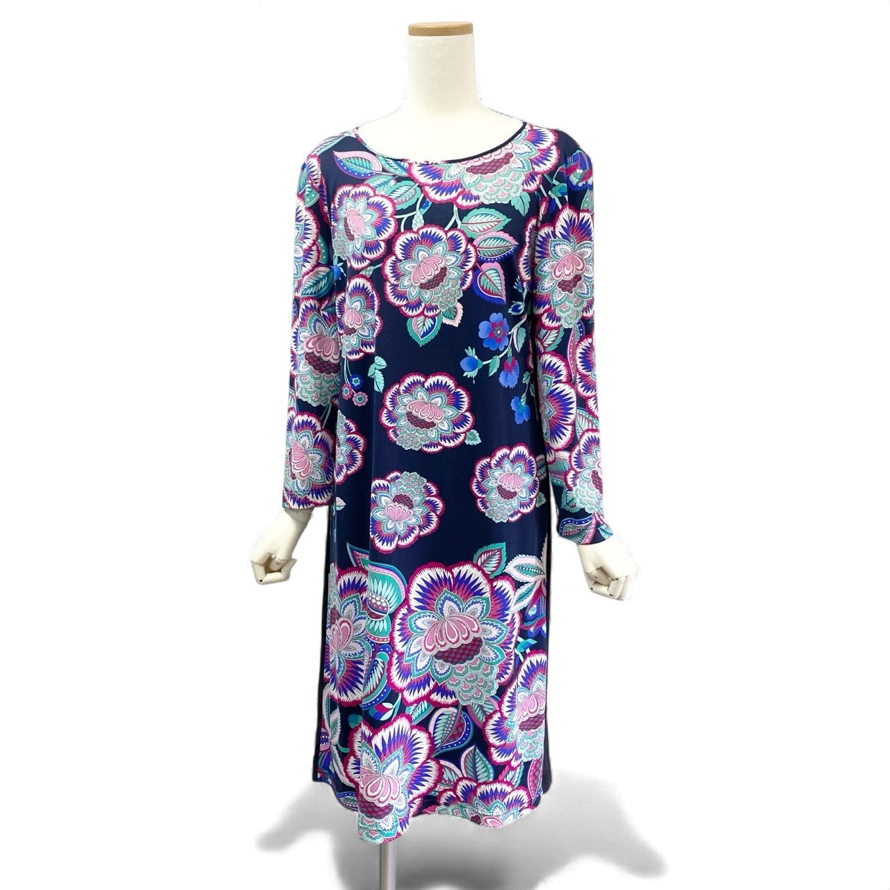 3K18 LEONARD PARIS レオナール インポートライン ロングワンピース 長袖 美しい花柄プリント ストレッチ レディース 女性用 40 ネイビー ナイロン100％u02t