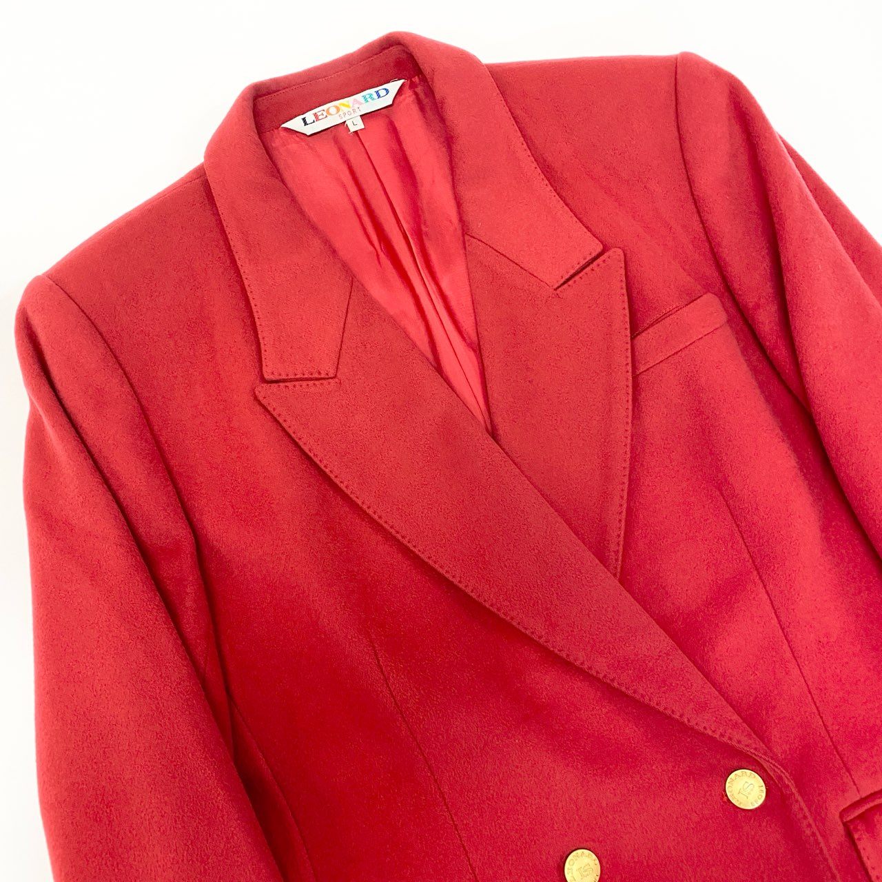 15Ⅼ1 LEONARD レオナール テーラードジャケット ブレザー カシミヤジャケット 金ボタン Lサイズ レッド カシミヤ100％ レディースo07t