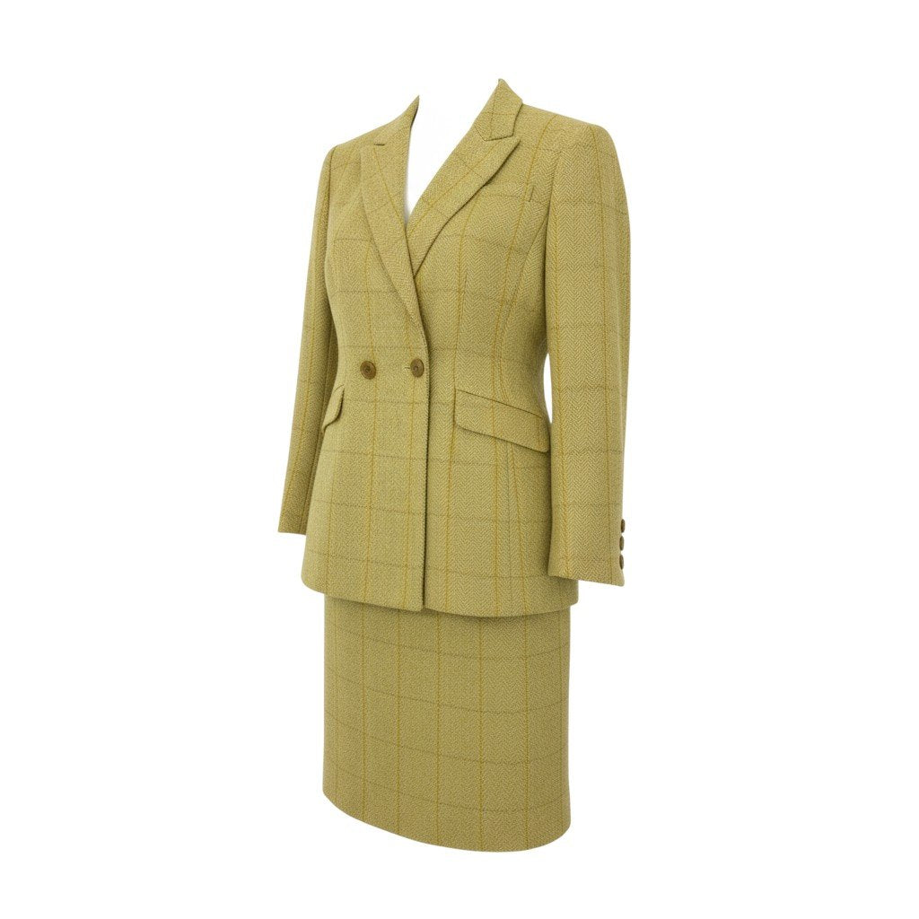 30K18《美品》 NINA RICCI BOUTIQUE ニナリッチ セットアップスカート フォーマル イギリス製生地○ ダブルブレストジャケット 膝丈スカート チェック柄  11 グリーン ラムウールu02t