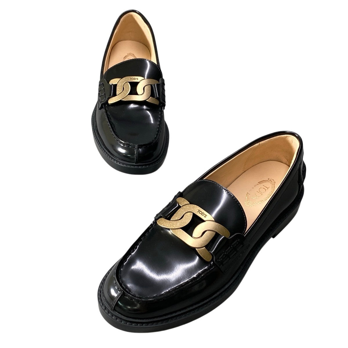 g31 TOD’S ケイト レザー ローファー チェーンモチーフ イタリア製 38サイズ ブラック レザー レディース 女性用k02i