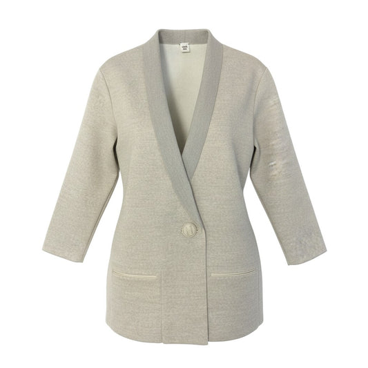 86a16 HERMES エルメス ニットジャケット ハイゲージニット Hロゴ レザーボタン レディース 女性用 サイズ40 ライトベージュ系o07t