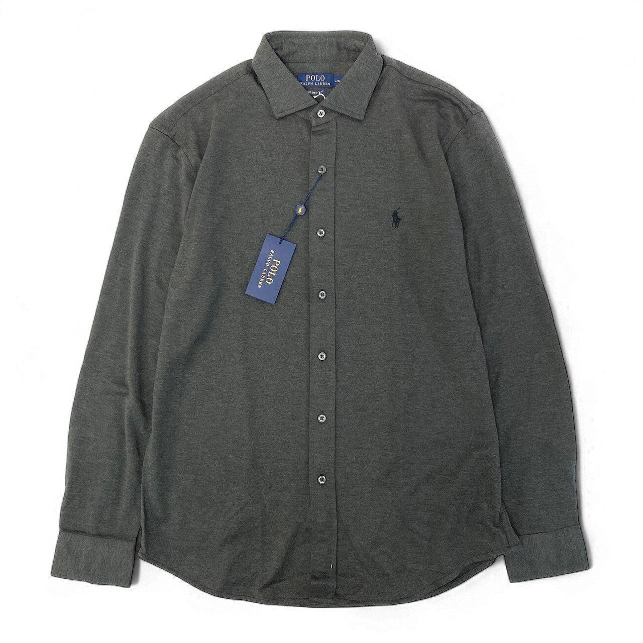 20d30 POLO RALPH LAUREN ポロラルフローレン KNIT DRESS SHIRT ニットドレスシャツ ロングスリーブシャツ ポニー刺繍 サイズL/G ダークグレー コットン100％ メンズ 紳士服u02t