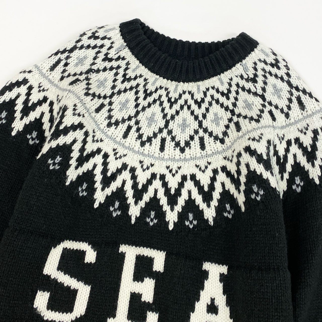 49L8 【美品】WIND AND SEA ウィンダンシー ノルディックセーター ニットセーター クルーネック 厚手 WKN-23-Q2-KN-03 Lサイズ ブラック ホワイト メンズo07t