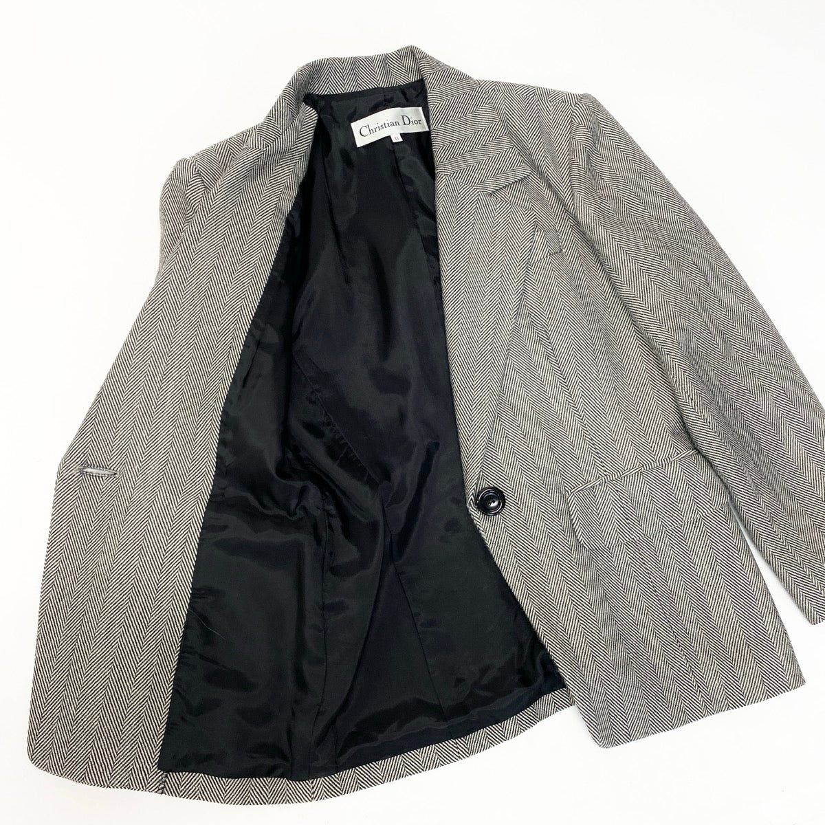 81e27  Christian Dior クリスチャンディオール セットアップ スカートスーツ ヘリンボーン柄 テーラードジャケット 膝丈スカート サイズ11 ブラック ホワイト レディース 女性服u02t