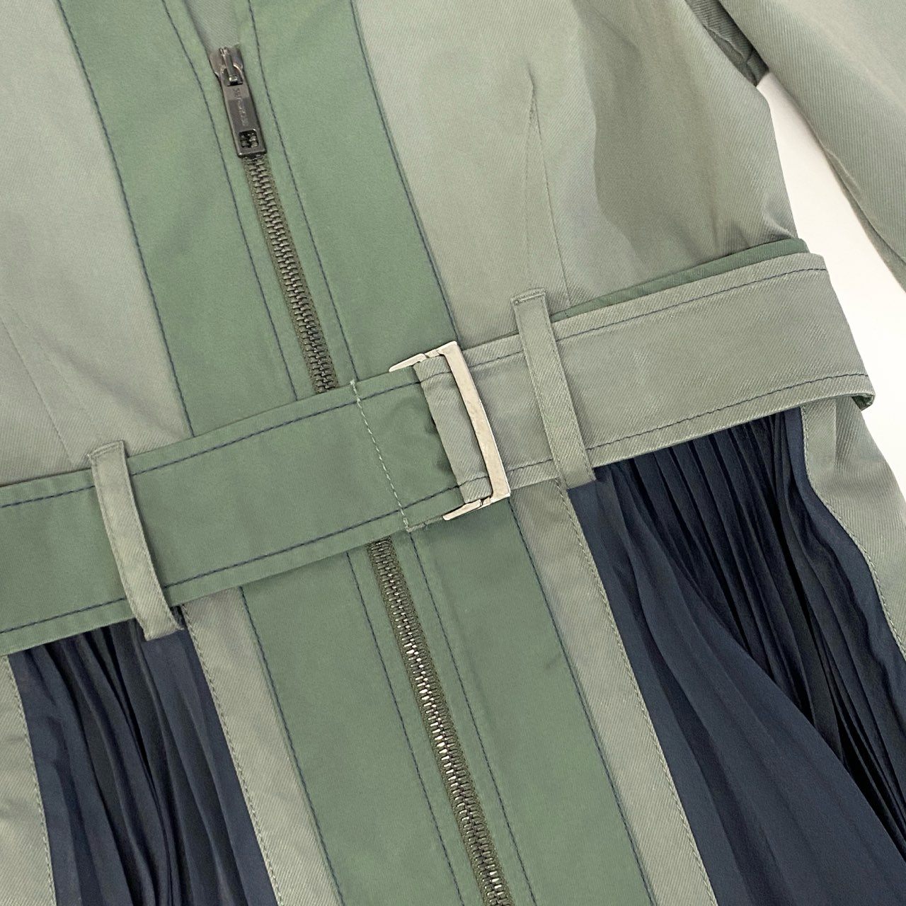 60c6【美品】SPORTMAX スポーツマックス プリーツベルトドレス ワンピース レイヤードワンピース 36サイズ カーキ ネイビー レディース 女性用u02t